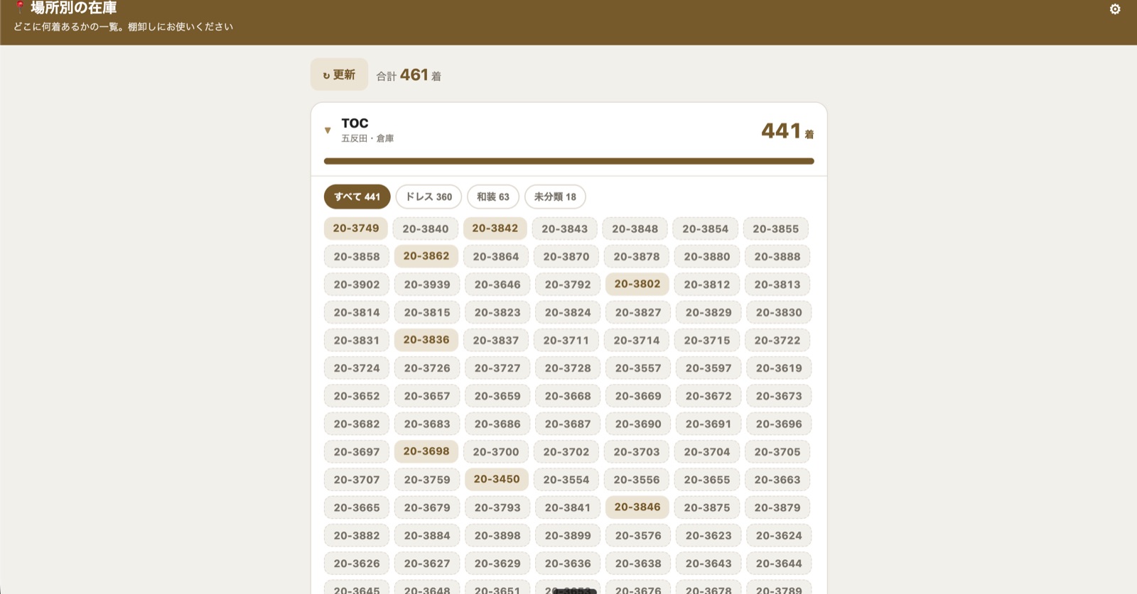 場所別の在庫画面。TOC倉庫の441着が品番の一覧で並んでいる